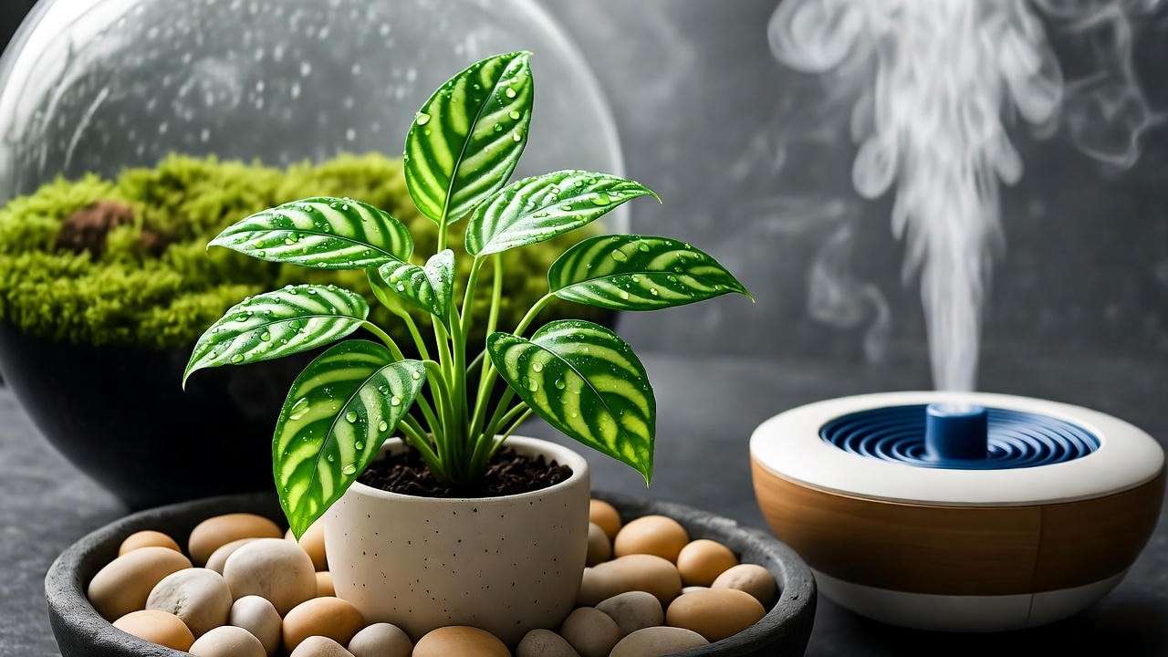 Confetti plant with humidity boost using pebble tray and ultrasonic mister