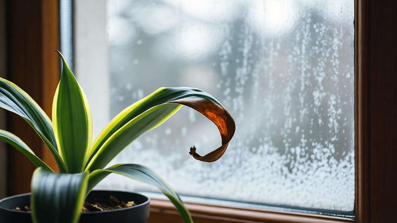 "Plant with curling leaves under temperature stress near a cold window"