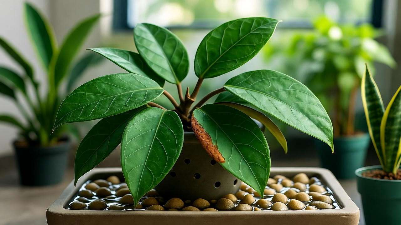 Hoya Chelsea plant with pebble tray for humidity in a lush indoor garden setting."