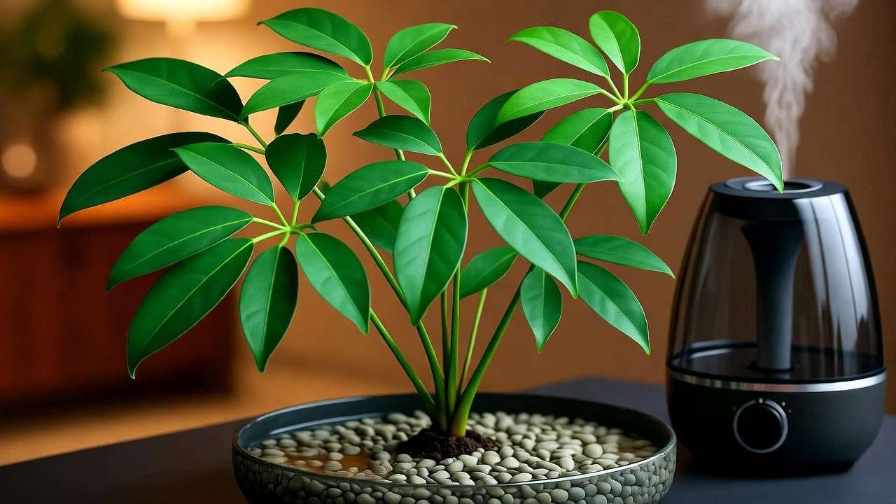 Schefflera plant with pebble tray and humidifier in a humid indoor setting."