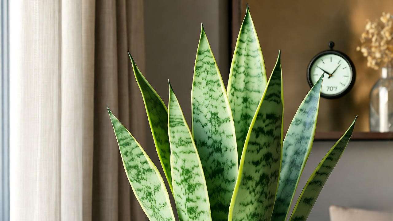 Moonshine Snake Plant near a window with filtered light and a 70°F temperature gauge."
