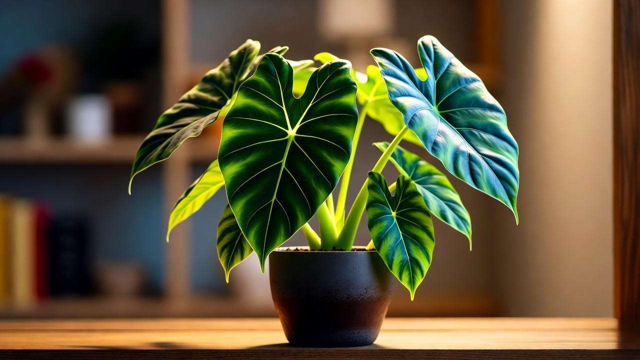 Alocasia plant on an indoor shelf in a warm, draft-free environment"