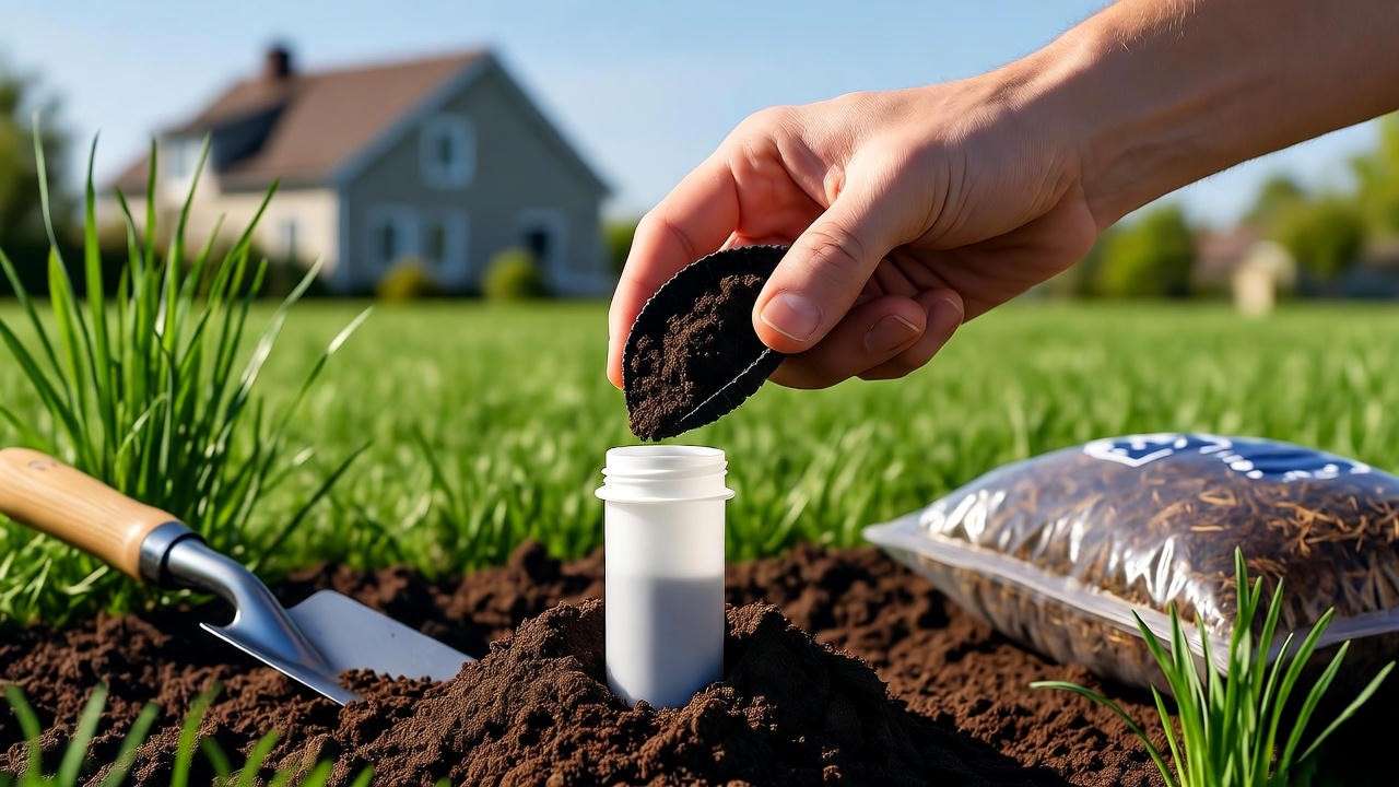 Gardener testing soil for lush grass plants in a vibrant lawn, with compost and tools nearby.
