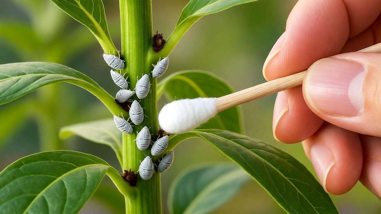 Close-up of plant stem with mealybugs being removed by a cotton swab.