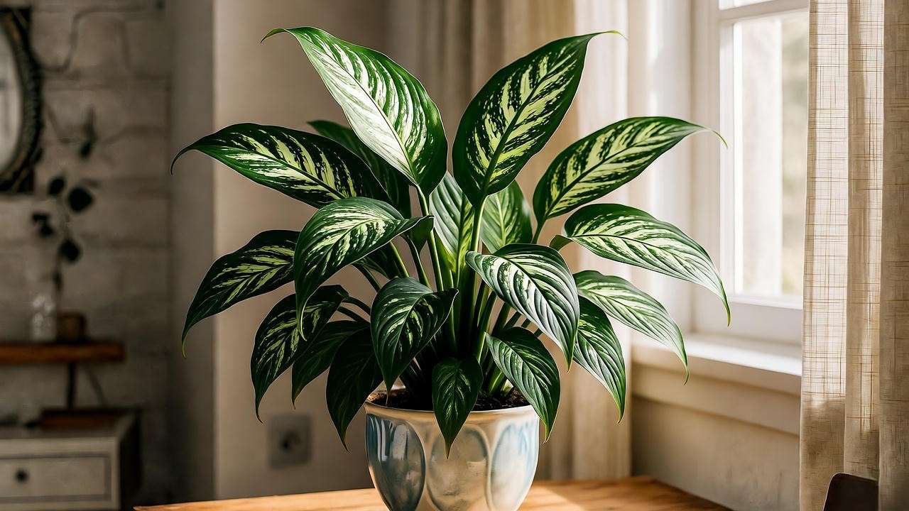 Variegated peace lily plant thriving in bright, indirect sunlight filtered by a sheer curtain near a window.