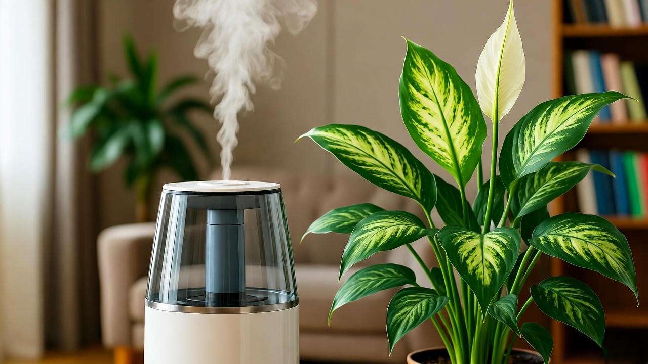 A variegated peace lily plant benefiting from the mist of a cool-mist humidifier in a home setting.