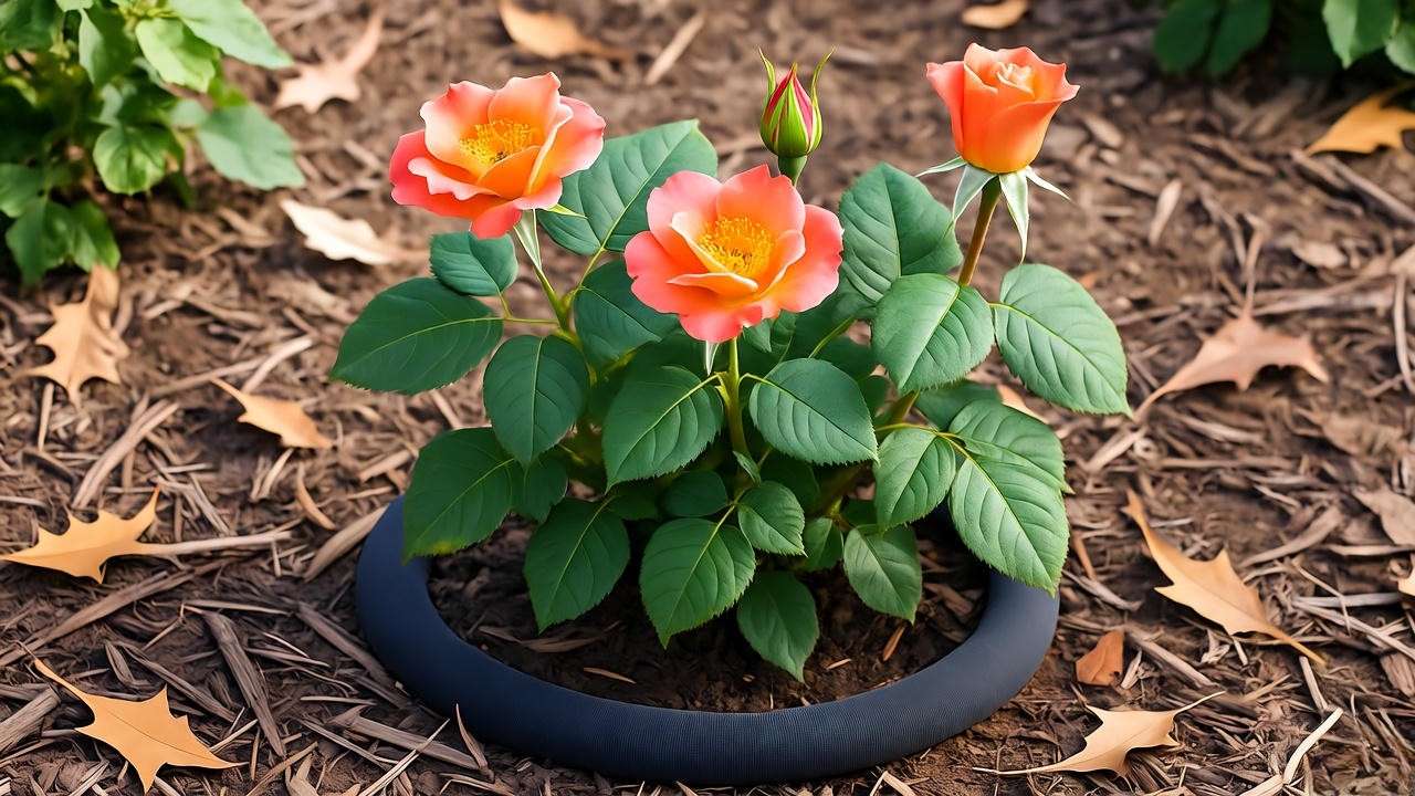 Soaker hose watering a healthy Tropicana rose plant at its base.