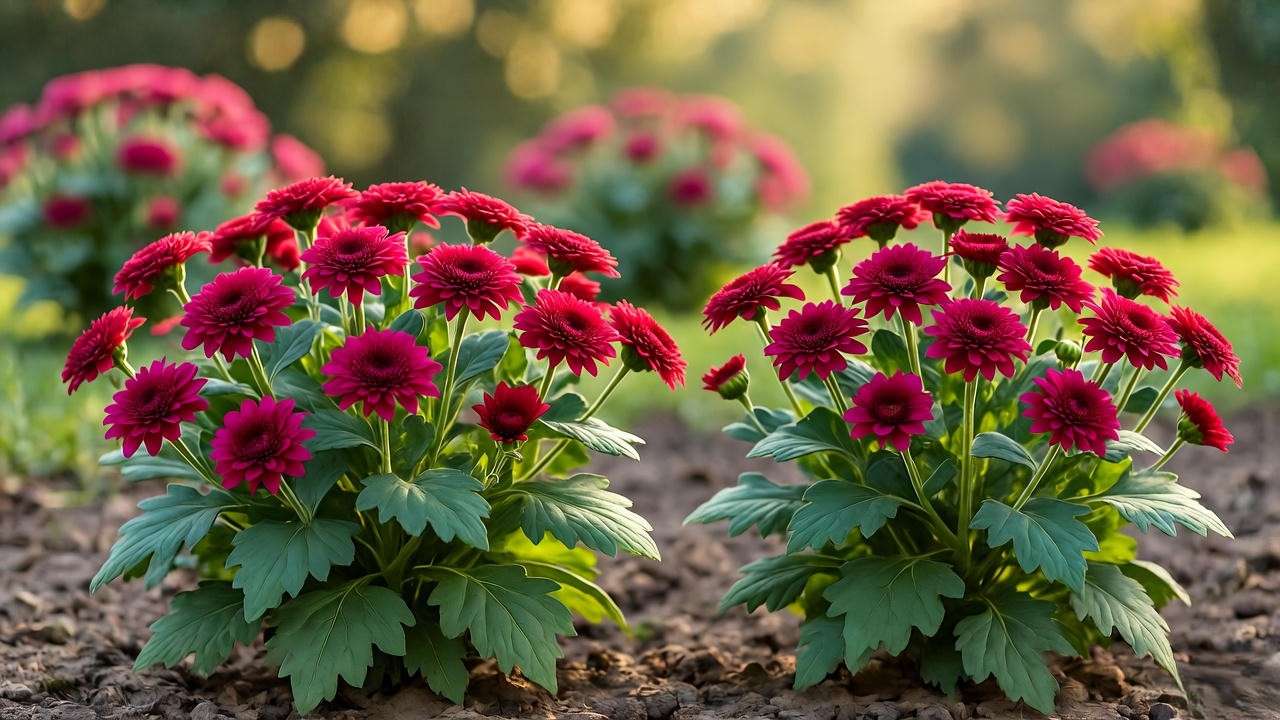 Vibrant red mum plants thriving in full morning sunlight in an autumn garden bed