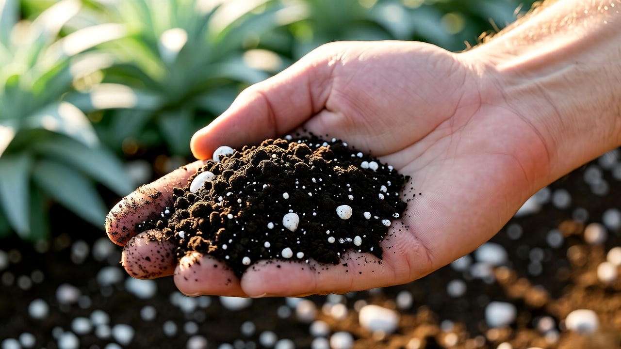 Close-up of well-draining garden soil, amended with gravel and perlite, ideal for silver plants."