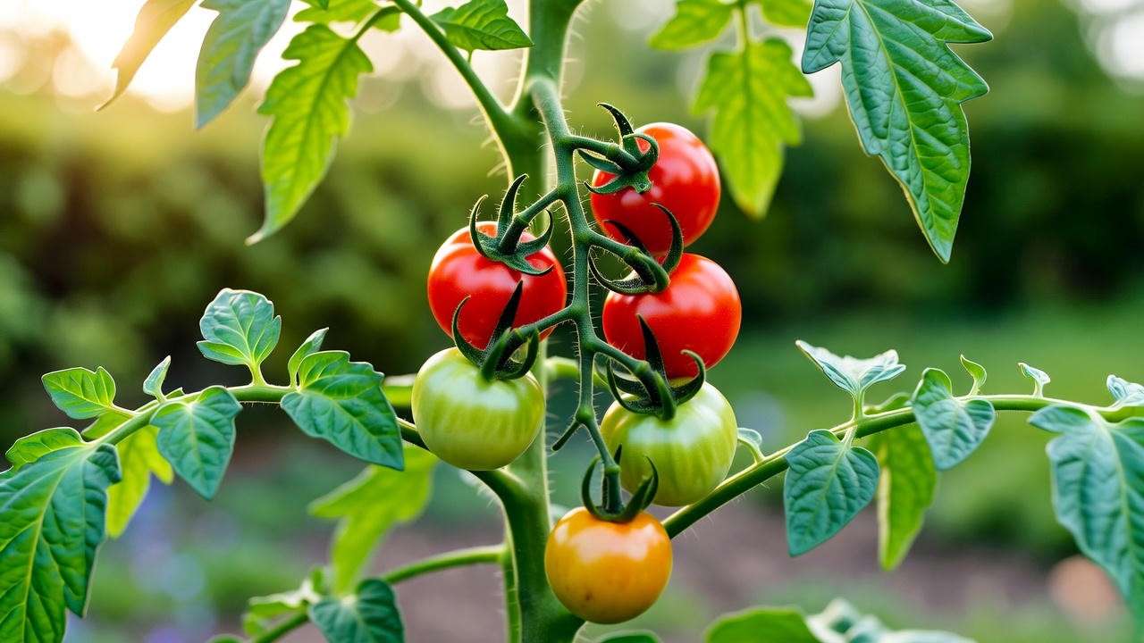 indeterminate tomato plant with ripe red fruits showing natural perennial growth potential