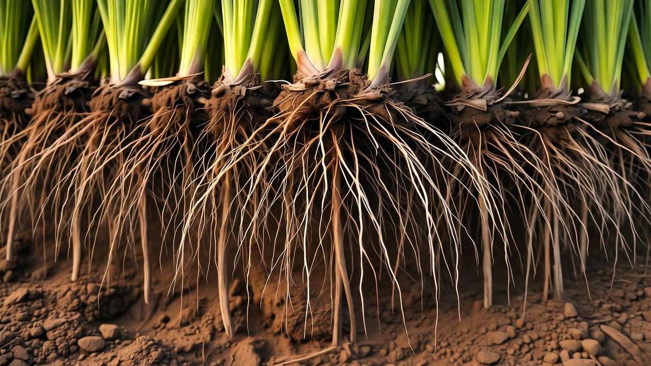 Vetiver grass roots stabilizing soil for erosion prevention and garden health".