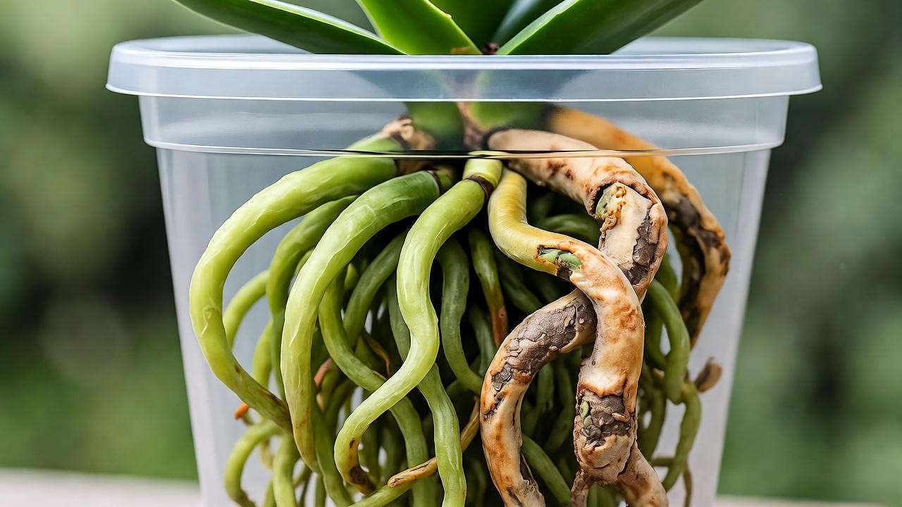 Close-up of healthy and unhealthy orchid roots in a clear pot, illustrating proper and improper watering effects".
