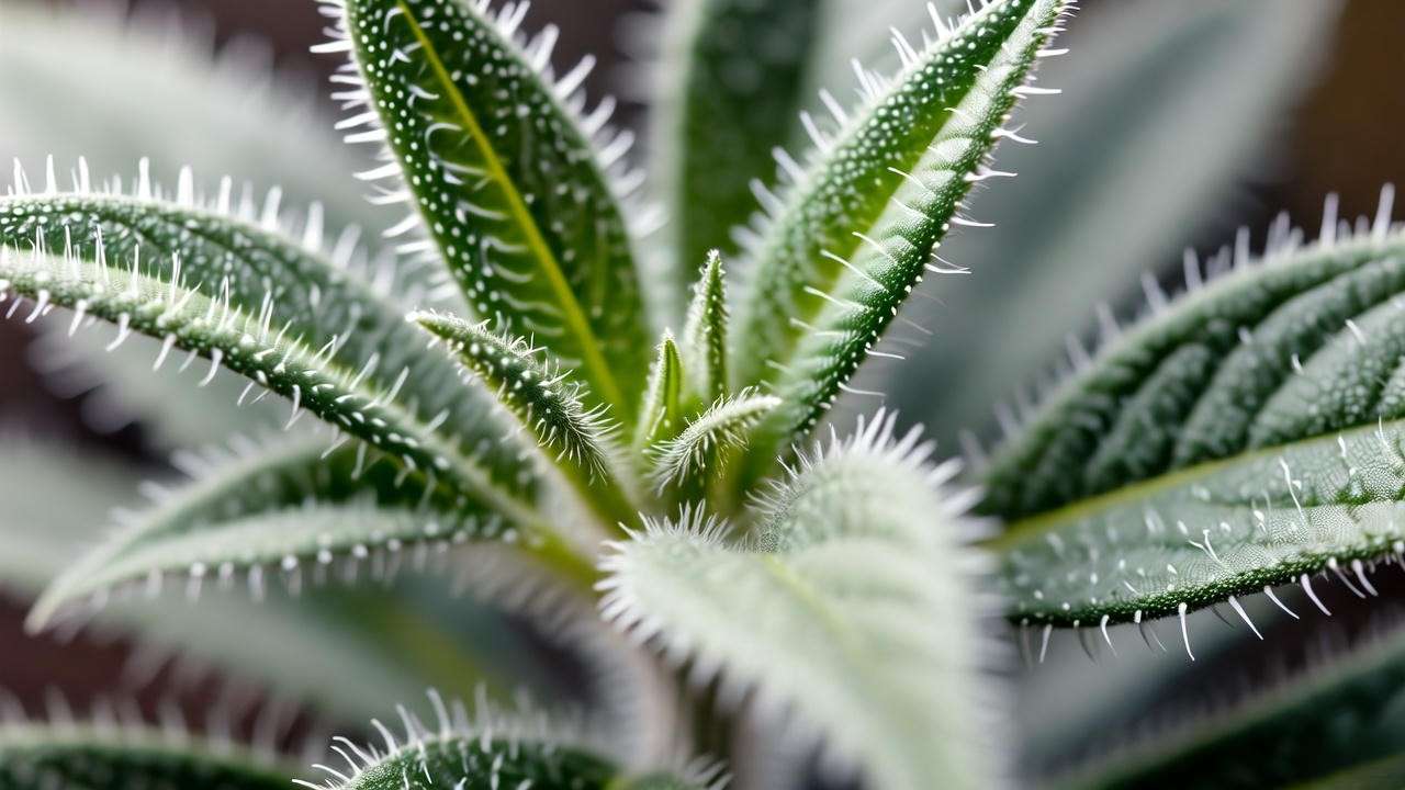 Macro shot of a silver-green plant leaf showing fuzzy trichomes that reflect light and conserve water."