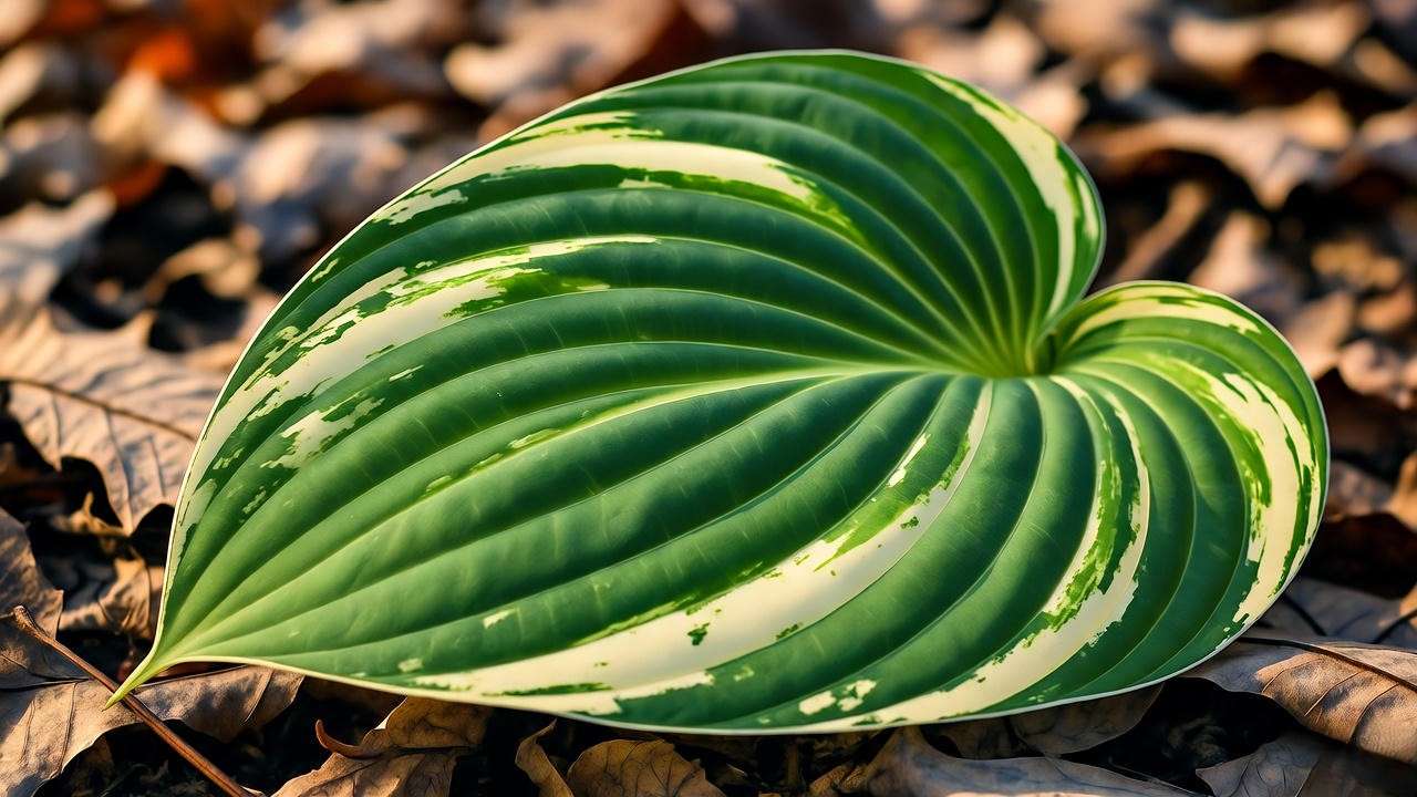 Close-up of variegated Hosta leaf blending into forest floor leaf litter, showing natural crypsis in camouflage plants