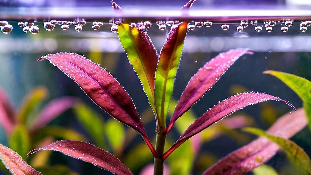 Deep red Alternanthera reineckii aquatic plant in a well-lit aquarium.