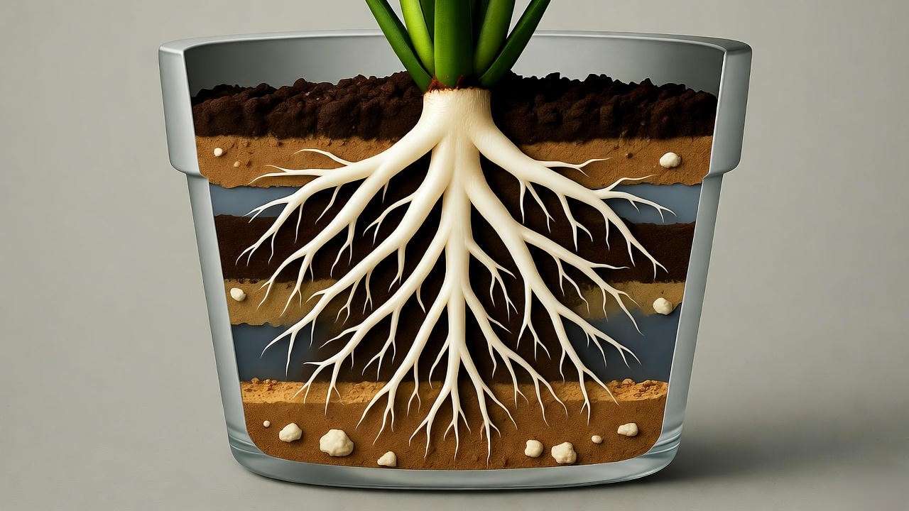 Cross-section of a potted plant showing healthy roots in well-draining soil with perlite and organic matter.