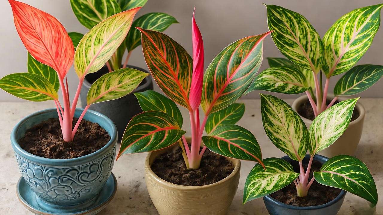 Assortment of red and pink-stemmed Aglaonema Chinese Evergreen plants.