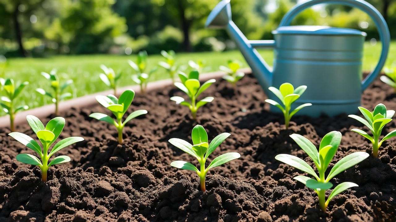 Sunny garden bed with purslane seeds and watering can