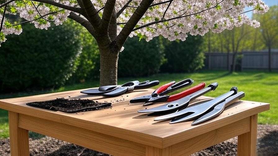 Gardening tools and drip irrigation kit beside a blooming cherry tree.
