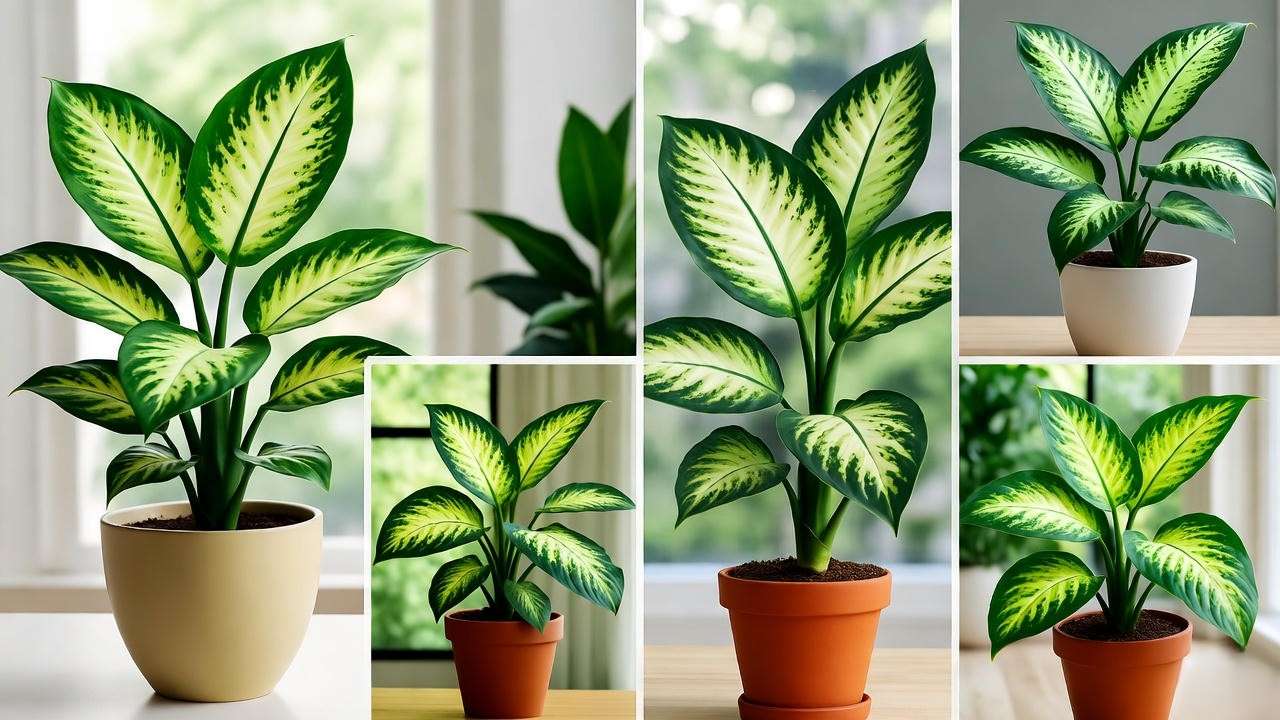 "Collage of stunning Dieffenbachia plant varieties in modern pots, showcasing lush variegated leaves for indoor decor".