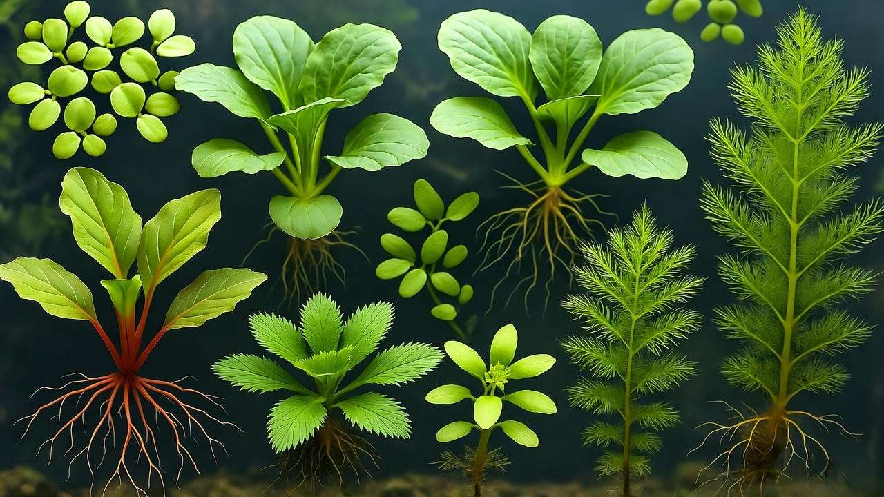 Aquarium showcasing 10 floating aquarium plants like Water Hyacinth and Red Root Floater, with vibrant colors and clear water.