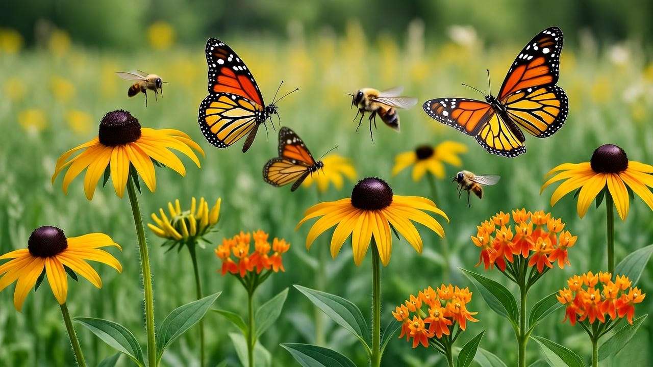 Vibrant Maryland native plants Black-Eyed Susan and Butterfly Milkweed with monarch butterflies and bees in a lush eco-friendly garden."