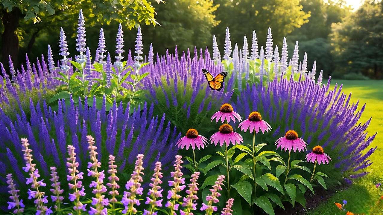 Vibrant garden bed with purple perennial flowers like lavender, salvia, and coneflowers, attracting a butterfly under golden sunlight.