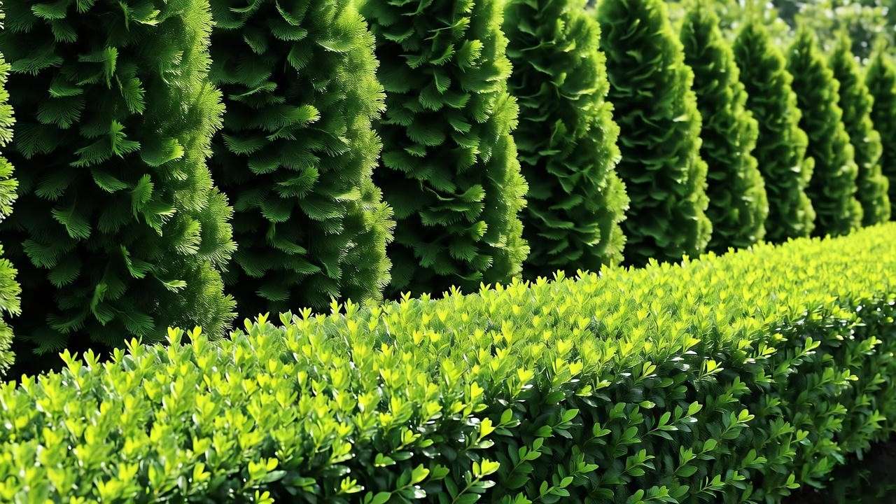Lush multi-tiered backyard hedge with arborvitae and boxwood for privacy oasis".