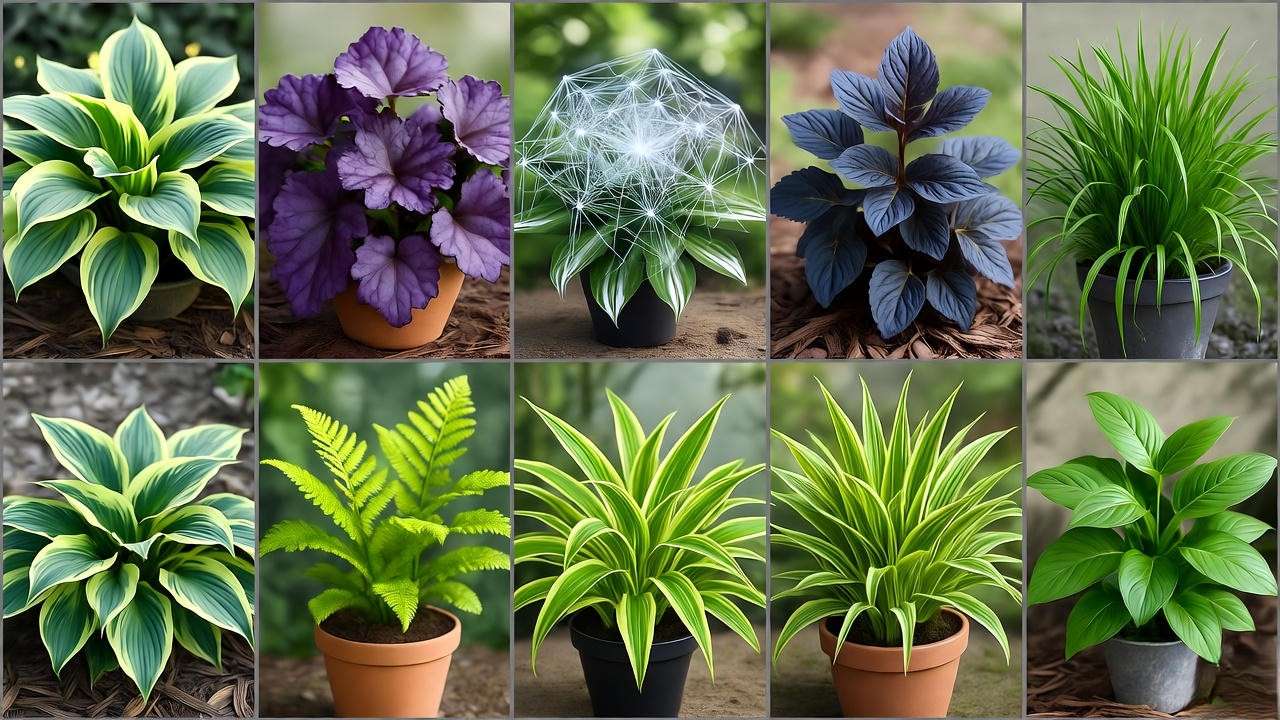 Collage of 10 camouflage plants blending into natural garden settings – Hosta, Heuchera, Ajuga, and more