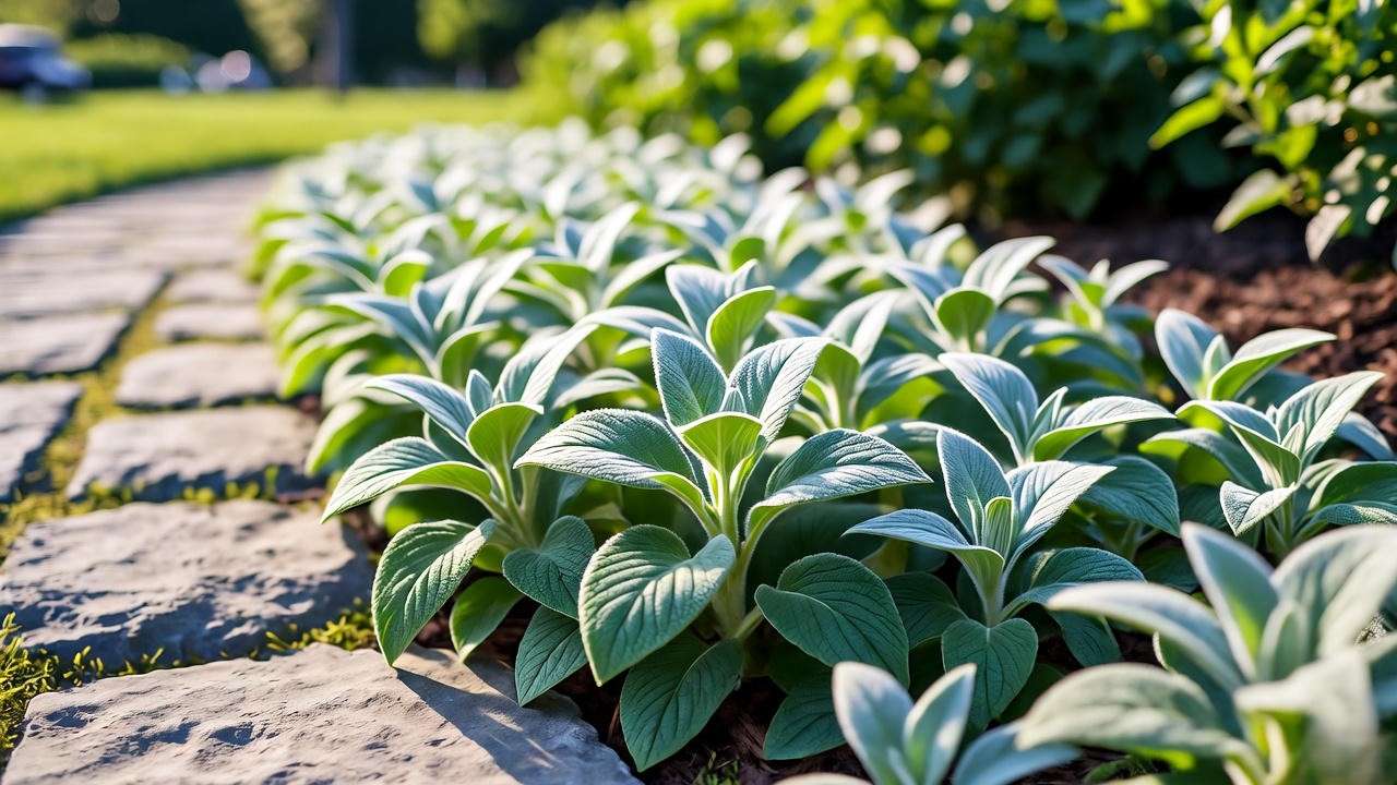 Soft, silvery-green Lamb's Ear groundcover growing along a stone garden path in sunlight."