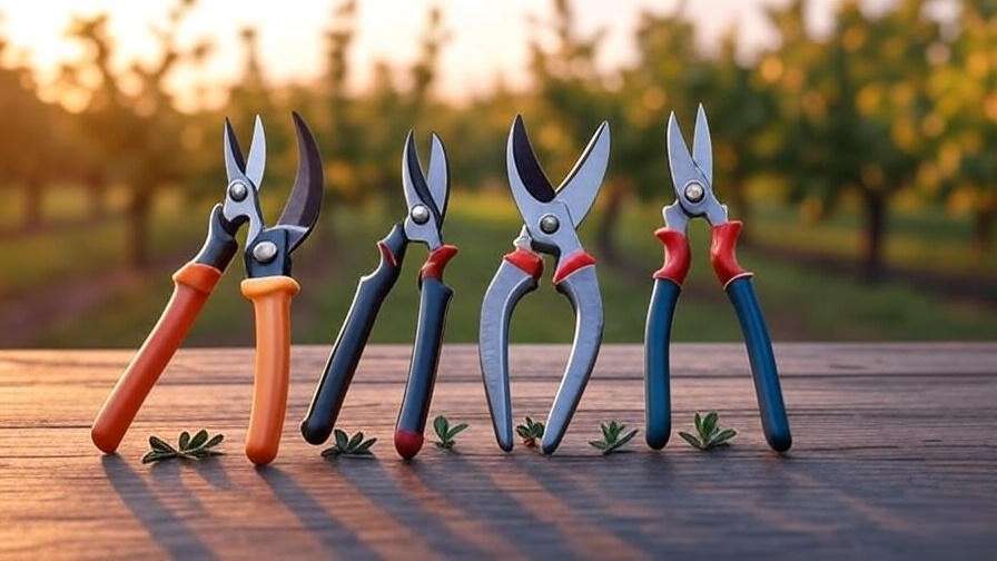 "Comparison chart of top 5 pruning shears with icons against an apple orchard sunrise".
