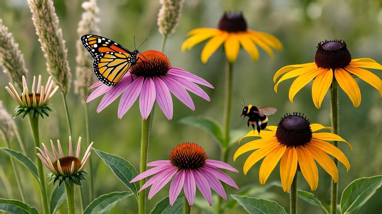 "Close-up of Illinois native plants purple coneflower, black-eyed Susan, and switchgrass with a monarch butterfly and bumblebee."