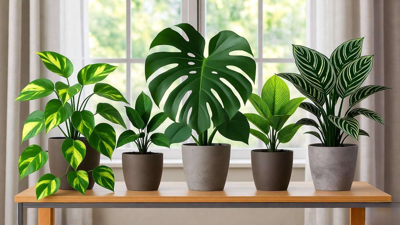 Collection of potted variegated plants like pothos and monstera on a modern shelf".