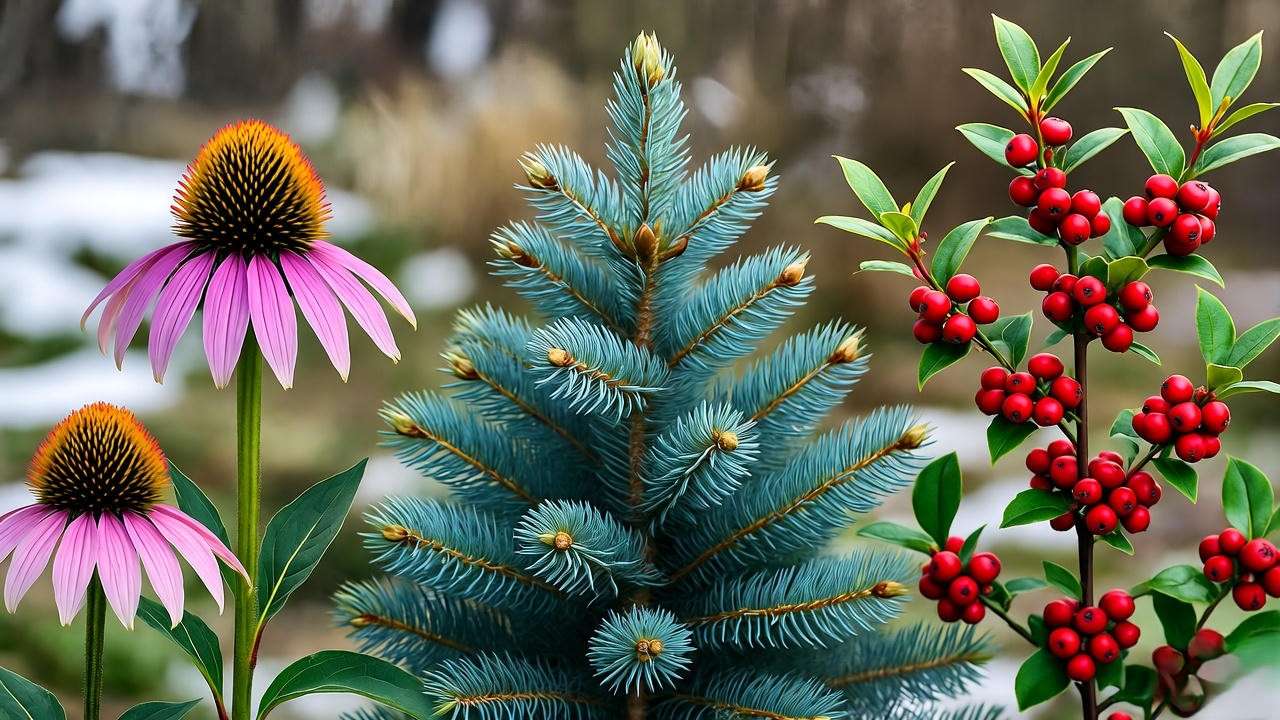 Winter garden with Purple Coneflower, Blue Spruce, and Winterberry Holly in snow."