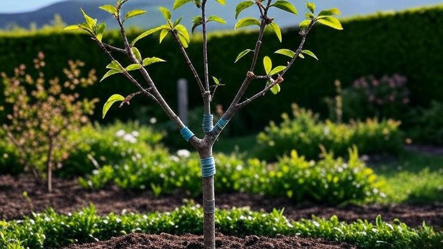 Young cherry tree with supported branches using stakes in a lush garden".
