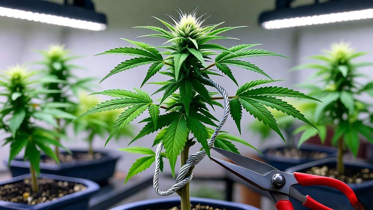 Close-up of a bonsai weed plant with wiring and pruning shears in an indoor grow setup.