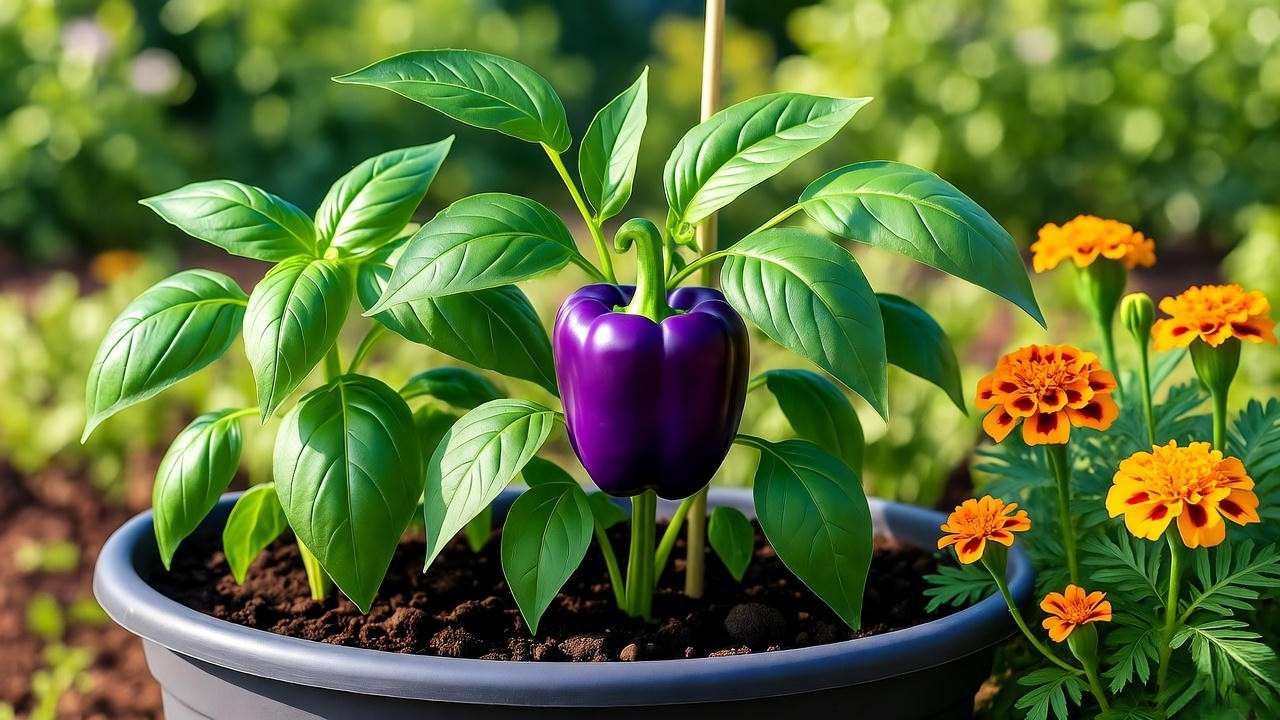 Purple bell pepper plant in a container with basil and marigold companions in a sunny garden"