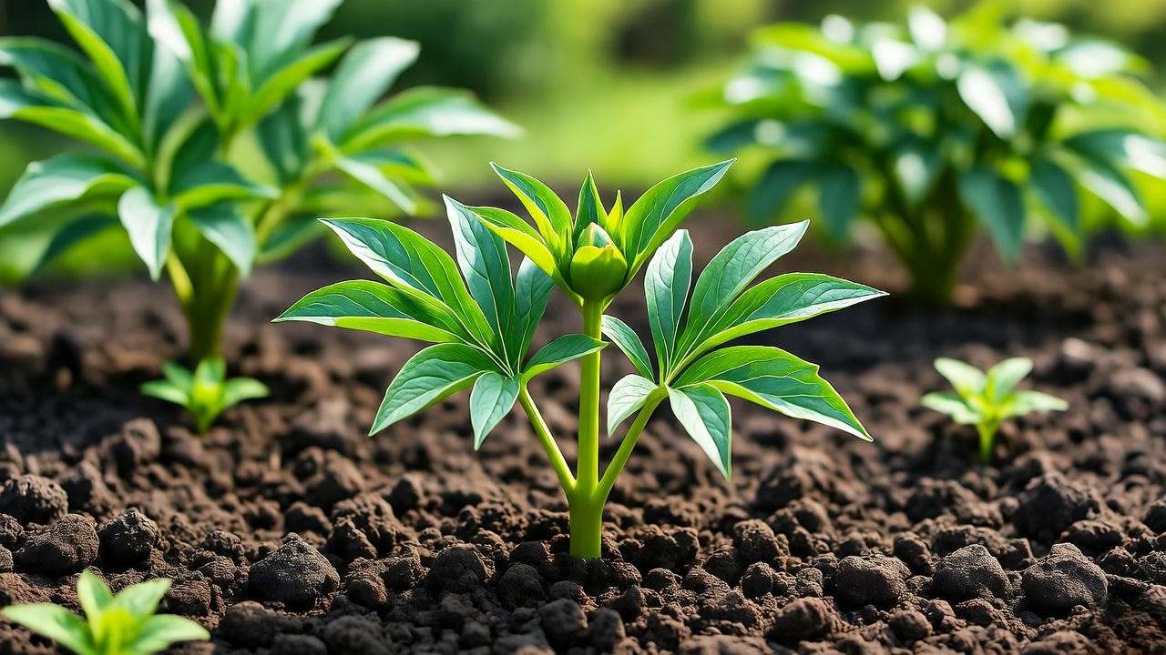 Young peony seedling transplanted into garden bed with trowel and green foliage".