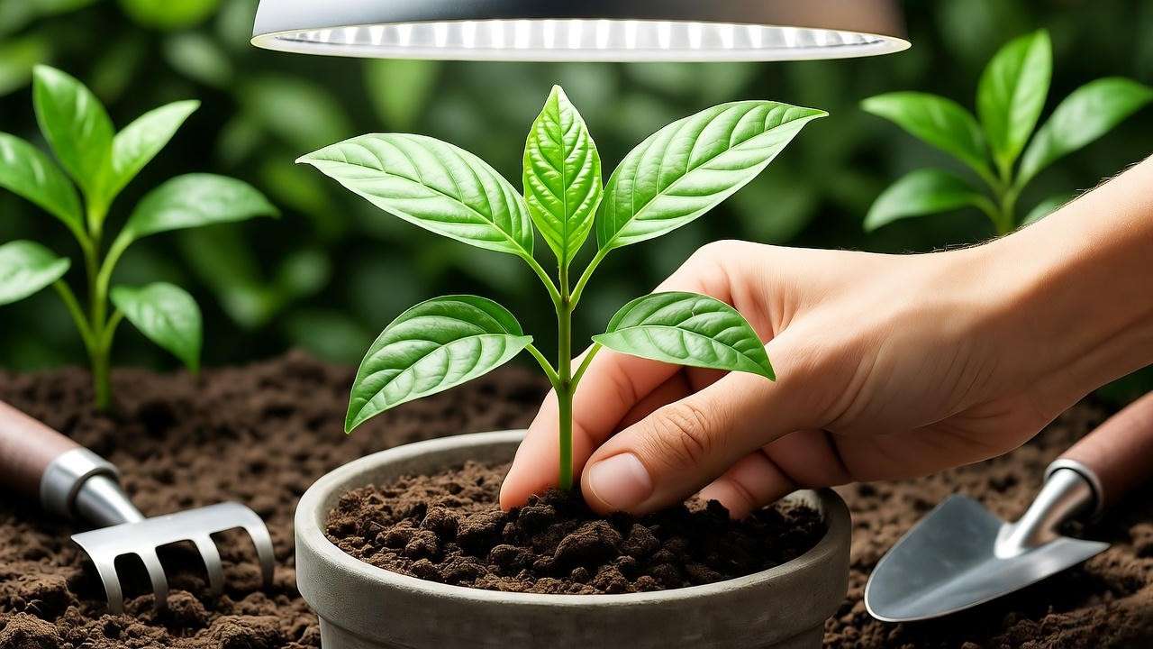 Young ibogaine seedling being transplanted into a pot under grow light with careful hand handling."