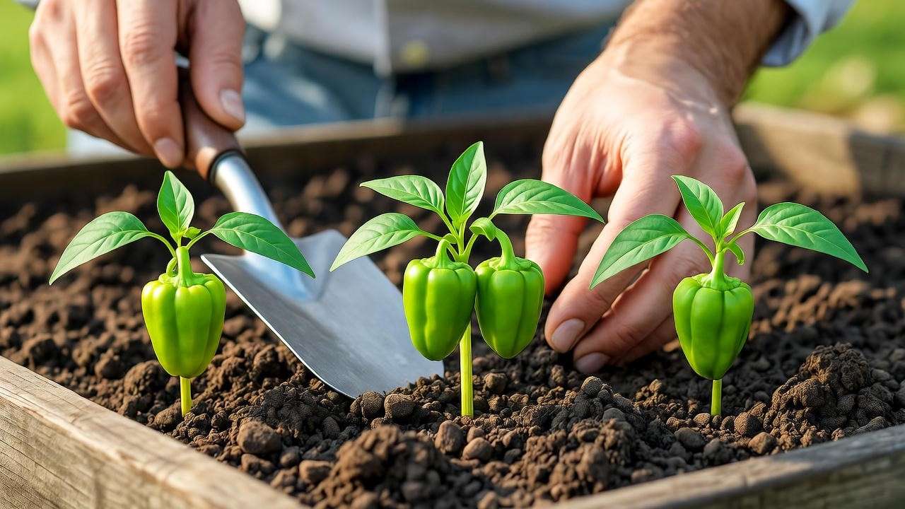 Gardener transplanting Cubanelle pepper seedlings into a well-drained garden bed."