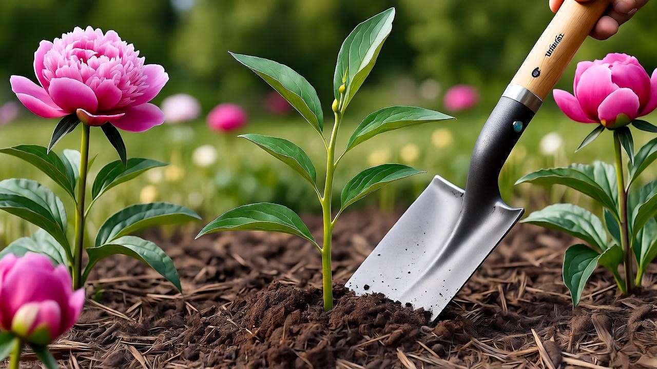 Transplanting peony seedling with mature blooms and mulch in garden.