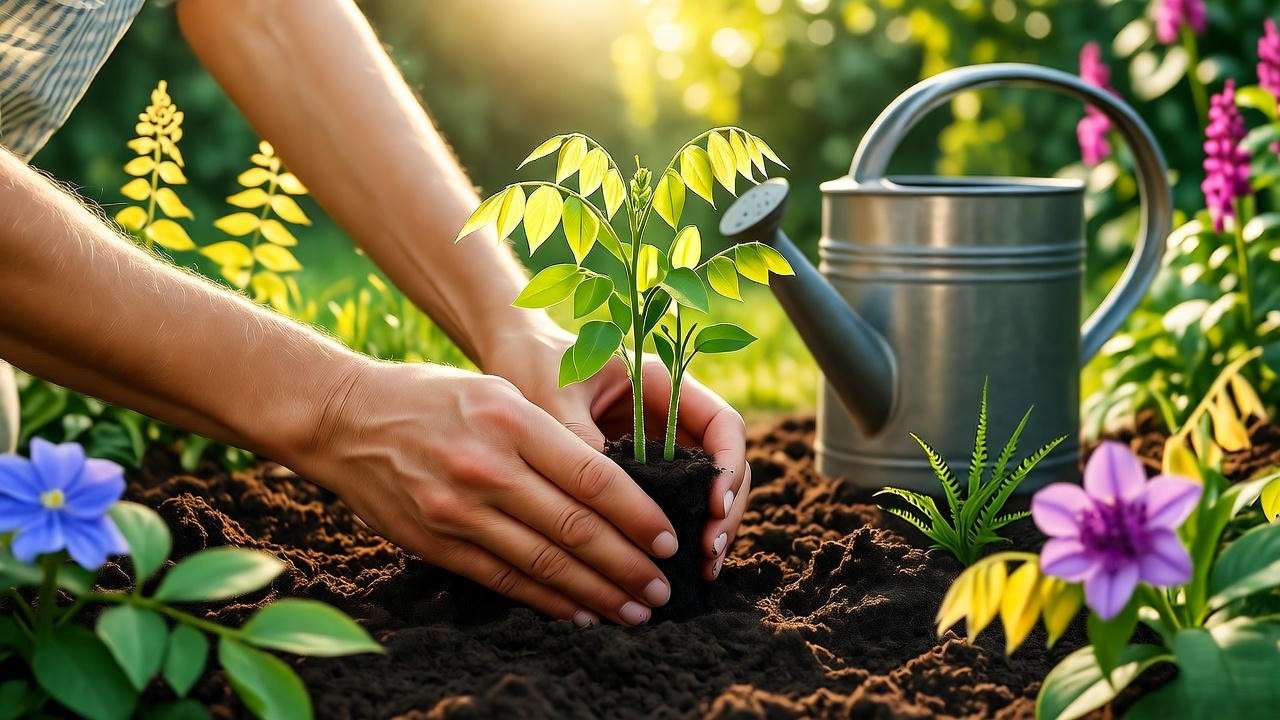 Gardener transplanting wisteria seedlings into soil with watering can and blooming flowers".