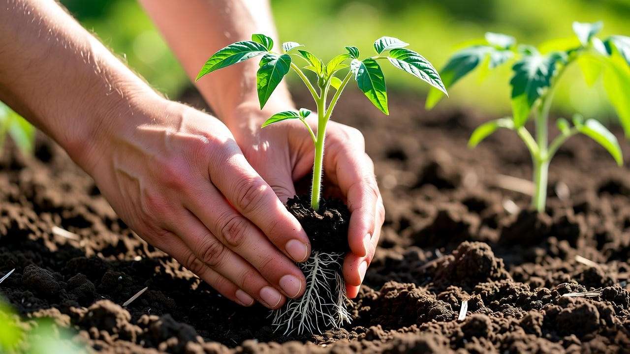 Gardener transplanting pineapple tomato seedlings into garden soil with mulch and green leaves."