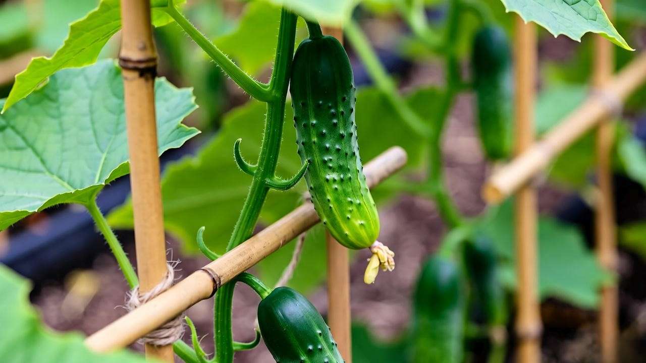 "Pickling cucumber plant trellis with green cucumbers and bamboo stakes in a lush garden."