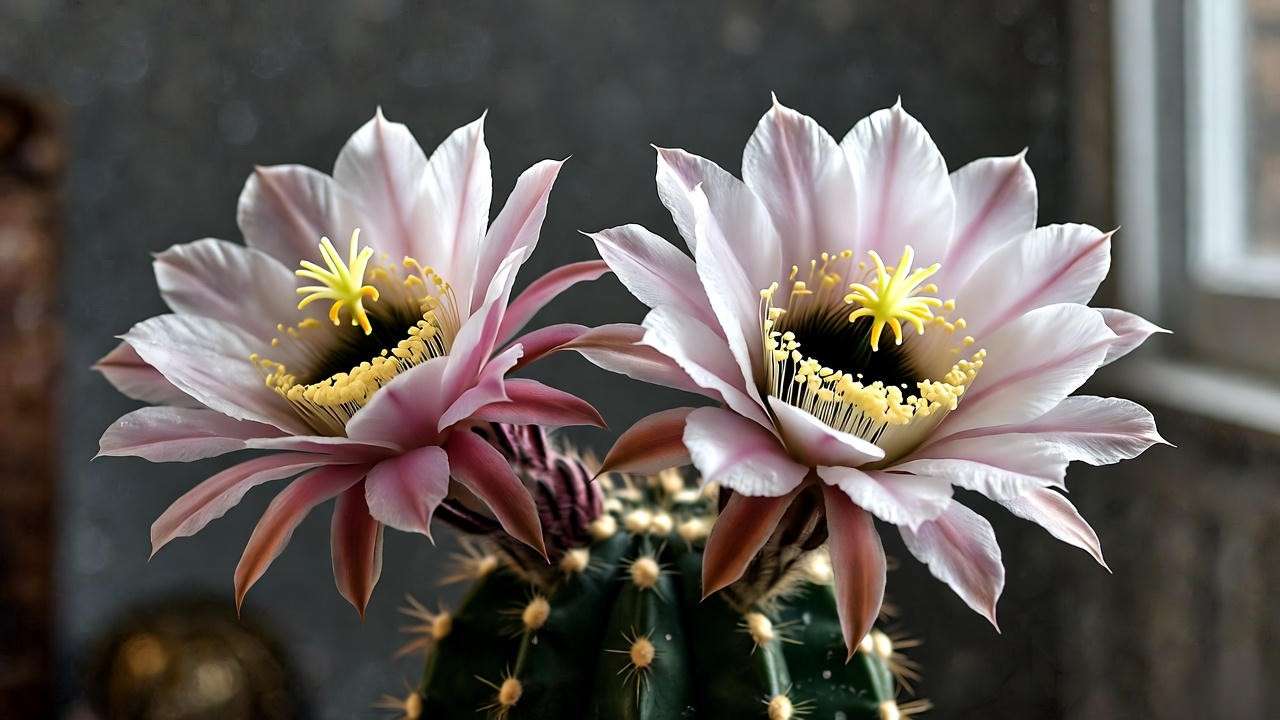 hedgehog plant in full night bloom with large white-pink flowers