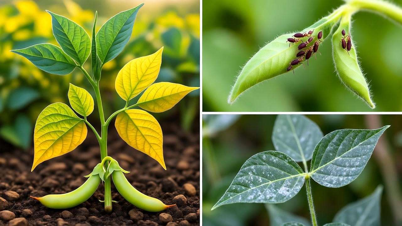 Visual guide to common bean plant issues: yellow leaves, aphids, blossom drop, mildew