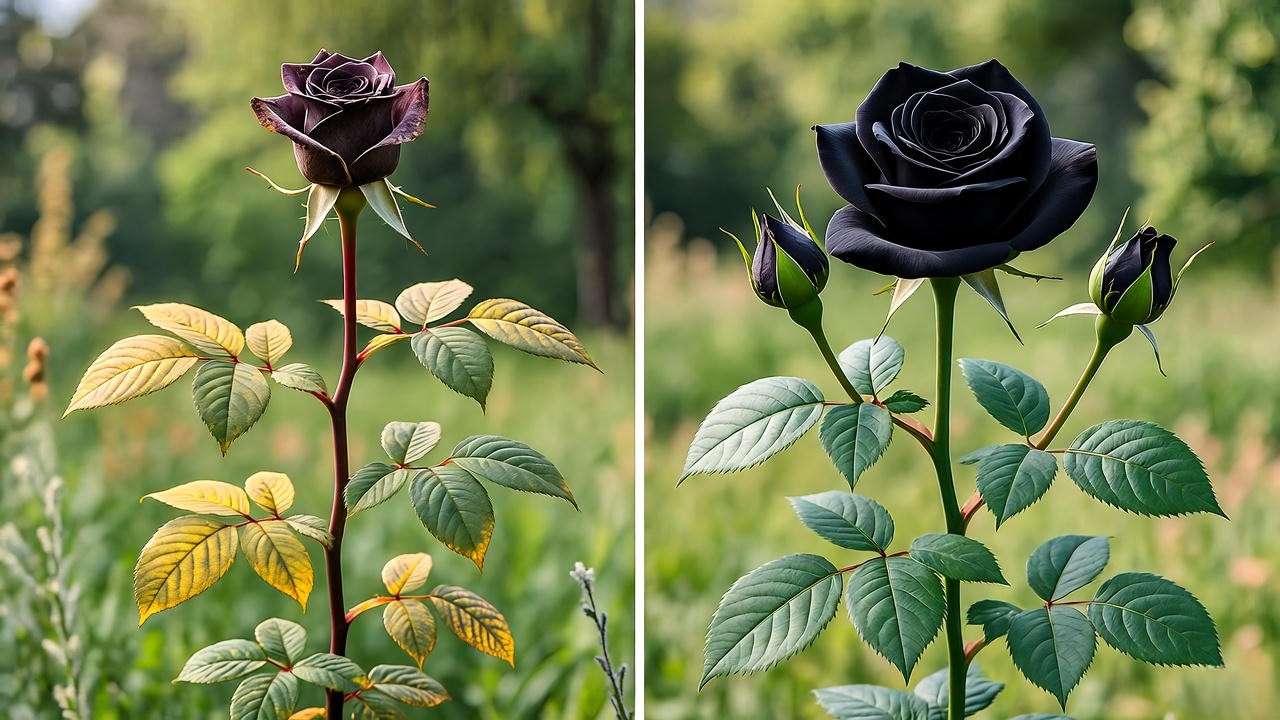 "Comparison of a wilting black rose with yellow leaves and a healthy black rose plant."