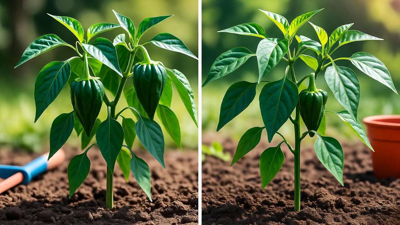 Wilting Bruscotia pepper plant next to a healthy plant in a garden".