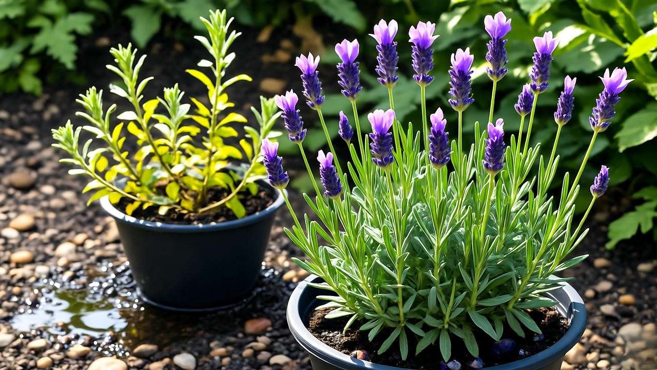 Comparison of healthy and wilting Grosso lavender plants showing overwatering and poor drainage".