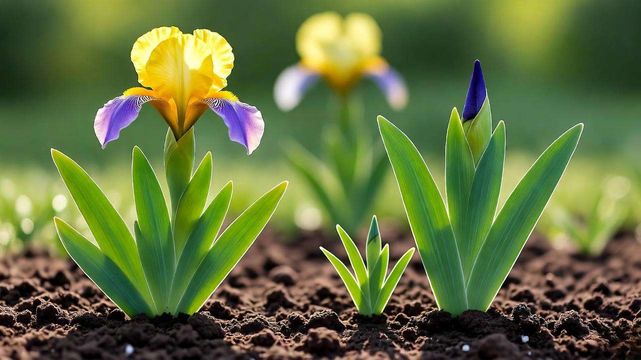 Close-up of an iris with yellowing leaves and a healthy iris, highlighting pest and soil issues in a garden.